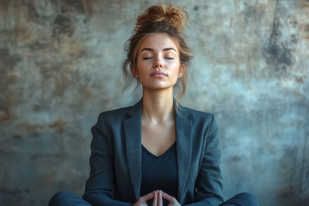 Dirigeante en tailleur pratiquant la méditation, yeux fermés, posture calme, ambiance apaisante