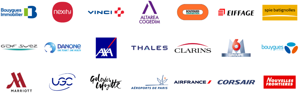 Logos des grandes entreprises ayant fait confiance à Laurent de Vaucouleurs (Bouygues Immobilier, Nexity, Vinci, Altarea Cogedim, Bouygues Construction, Eiffage, Spie Batignolles, GDF Suez, Danone, AXA, Thales, Clarins, Groupe M6, Bouygues Telecom, Marriott, UGC, Galeries Lafayette, Aéroports de Paris, Air France, Corsair, Nouvelles Frontières)