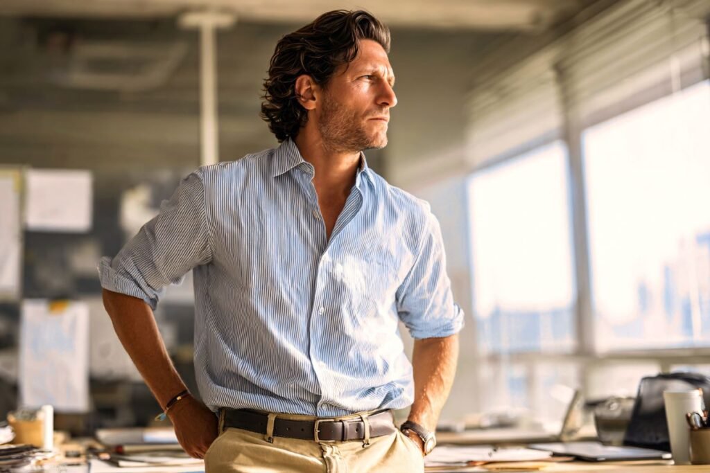 Homme expatrié pensif au travail, confronté à une perte de repères culturels.