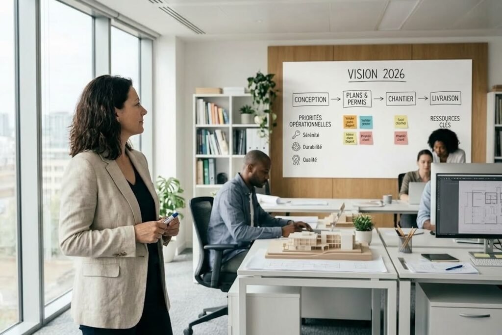 Une architecte dirigeante prend du recul et élabore la stratégie de son agence sur un tableau blanc, pendant que son équipe travaille sereinement en arrière-plan.