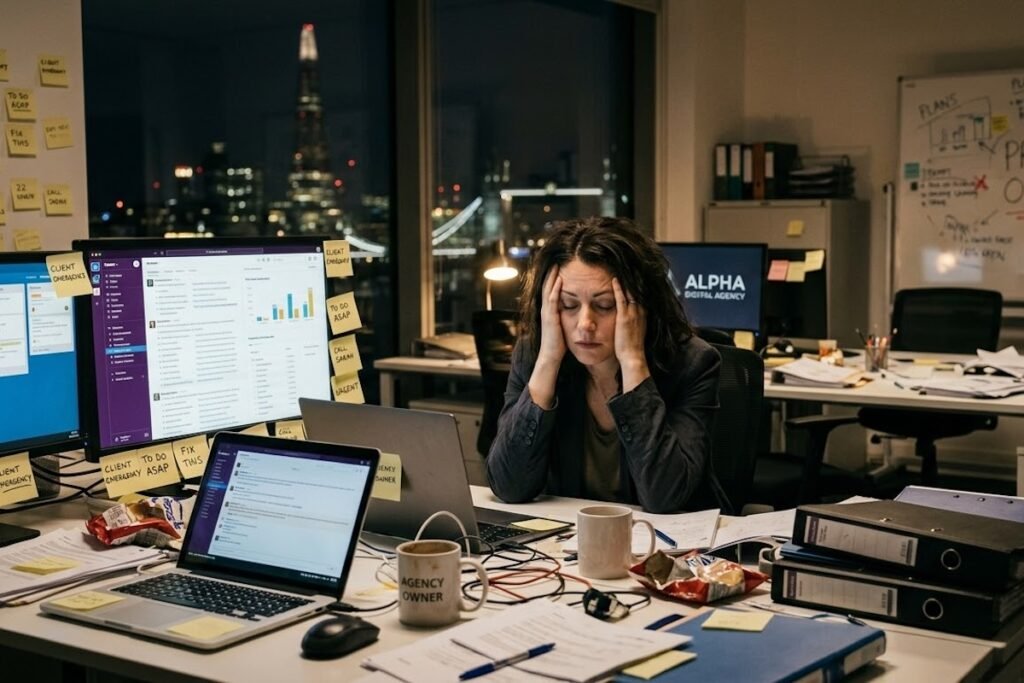 Une femme chef d'agence fatiguée et stressée, assise à un bureau chaotique et encombré de documents, de post-its et d'écrans allumés tard le soir dans une agence de marketing digital. Son visage est marqué par l'épuisement, les mains sur la tête. Le bureau est jonché de preuves de surcharge opérationnelle (plusieurs piles de dossiers, post-its "URGENT", canettes de boisson énergisante vides, notifications Slack manquées).