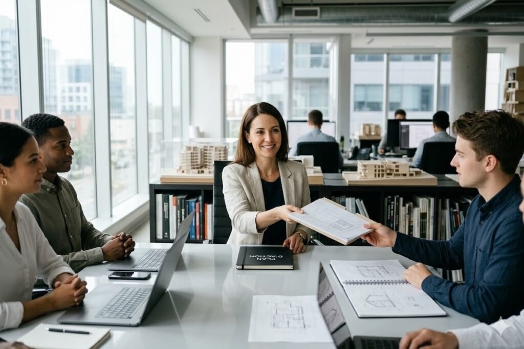 Une architecte dirigeante délègue sereinement un dossier à son équipe lors d'une réunion stratégique dans son agence.