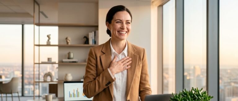 Directrice des Ressources Humaines célébrant le déblocage stratégique d'une voie de croissance, dans un bureau lumineux.