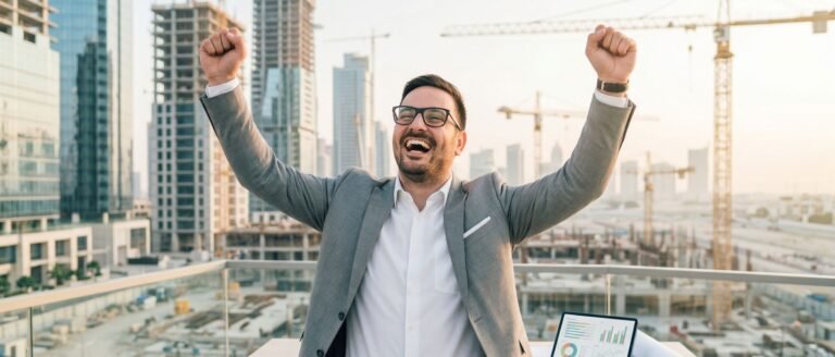 Le dirigeant BTP lève les poings face à son chantier, incarnant la lucidité stratégique retrouvée.