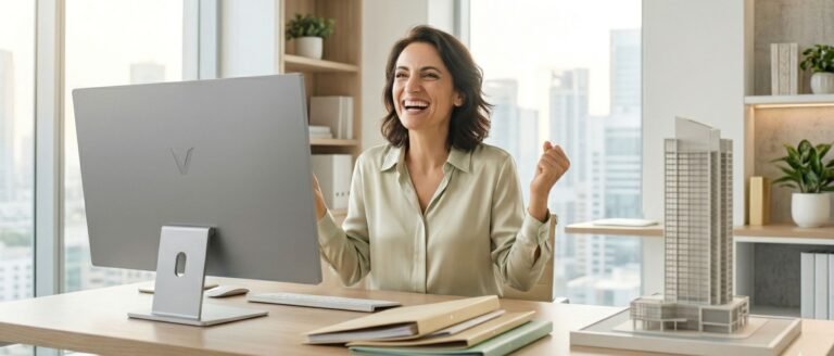 Une responsable développement dans une foncière célèbre avec joie la levée de ses freins invisibles pour relancer son ascension professionnelle, assise à son bureau devant des graphiques.