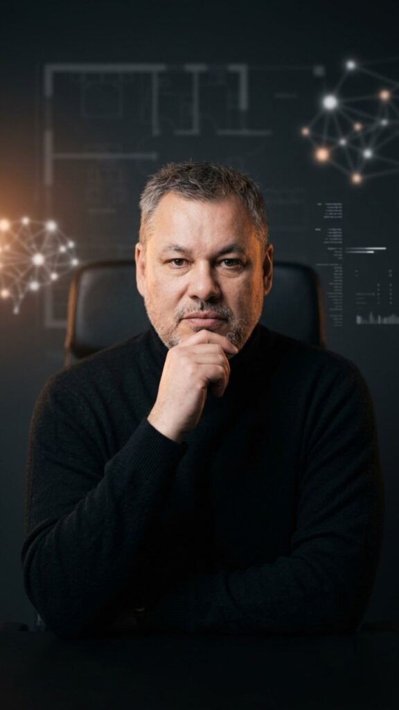Portrait de Laurent de Vaucouleurs, executive coach pour dirigeants, posant dans un environnement visuel mêlant architecture, ingénierie et intelligence artificielle.