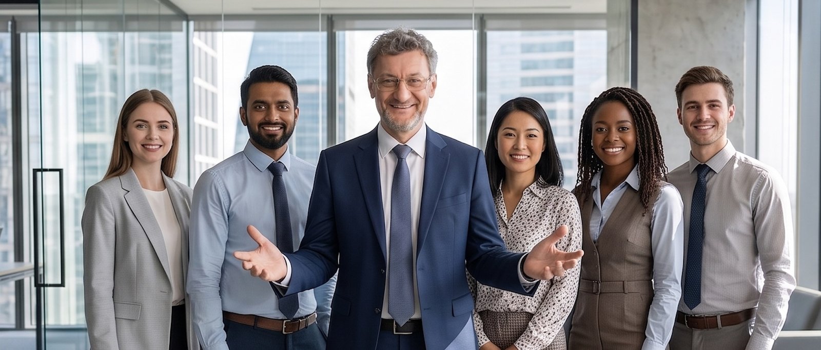 Directeur de promotion immobilière et ses collaborateurs rayonnants, incarnant le retour au leadership stratégique et la sortie du management réactif.