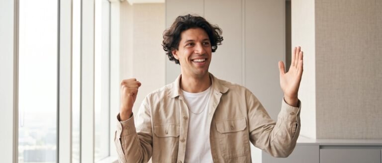 Portrait d'un dirigeant de l'immobilier souriant et célébrant la signature d'un mandat stratégique à son bureau, illustrant une relance réussie après une rupture professionnelle.