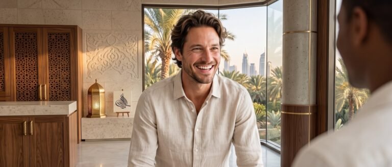 Un expatrié souriant et épanoui dans un luxueux salon de Dubaï, exemple de rétablissement réussi après un épisode d'isolement émotionnel.