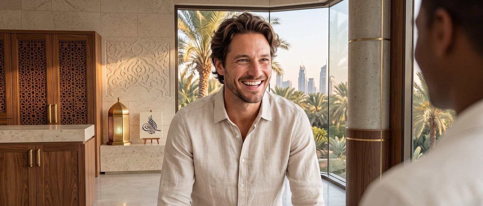 Un expatrié souriant et épanoui dans un luxueux salon de Dubaï, exemple de rétablissement réussi après un épisode d'isolement émotionnel.