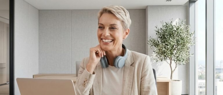 Consultante en stratégie d'entreprise célébrant une avancée majeure dans en sortant d'un job vide de sens.