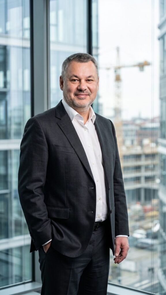 Portrait professionnel de Laurent de Vaucouleurs, Executive Coach pour les dirigeants (architecture, MOE, immobilier et BTP), debout dans un bureau d'affaires moderne.