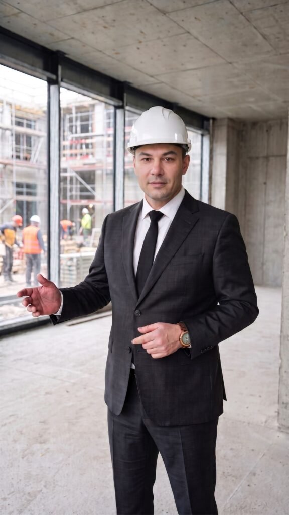 Portrait de Laurent de Vaucouleurs, en costume gris, casque de chantier blanc et cravate noire, présentant un projet architectural moderne.