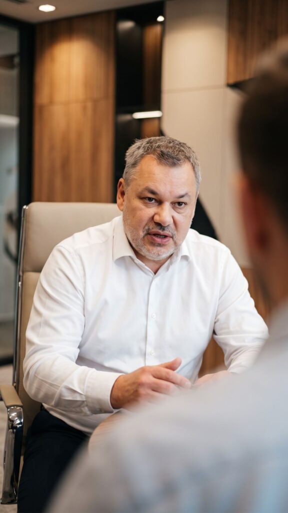 Laurent de Vaucouleurs en chemise blanche, assis dans un bureau moderne, en pleine conversation de coaching avec un client flouté.