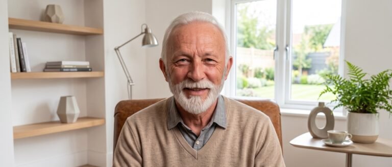 Portrait d'un ancien dirigeant confiant et souriant dans un bureau contemporain épuré, illustrant le succès d'une transition stratégique pour retrouver une véritable reconnaissance à la retraite.